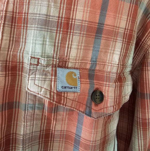 Men's Carhartt S Plaid Shirt - Orange and White Button Up Long Sleeve - Picture 2 of 7